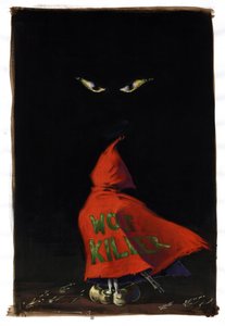 Revisited Little Red Riding Hood af Charles Perrault (1628-1703): Rødhætten står over for ulvens øjne i mørket med et haglgevær gemt under hans røde frakke "Wolf Killer"". Tegning af Alessandro Lonati af Alessandro Lonati