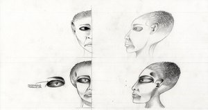 Science fiction-illustration (science fiction): undersøgelse af ansigtet på en alien eller alien (alien eller alien) fra planeten Mars til erobringen af rummet eller universet. Tegning af Alessandro Lonati af Alessandro Lonati