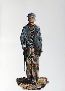 Anden Verdenskrig: medlem af den italienske modstandsbevægelse (maquis eller guerilla, partisan) (Resistenza Italiana), iført camouflagedragt og våben med maskingevær. 1943-1945. Illustration af Alessandro Lonati af Alessandro Lonati