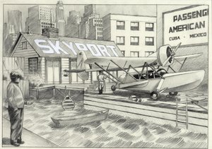 USA, New York: udsigt over havets lufthavn med et vandfly, der venter på afkøling i 1950