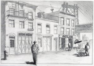 USA, New York: udsigt over en gade fra et kvarter i byen i 1950