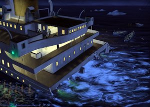 Udsigt over det transatlantiske linjeskib Titanic på tidspunktet for forliset den 14. og 15. april 1912. Illustration af Alesandro Lonati. 2010 af Alessandro Lonati