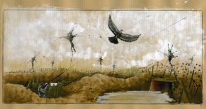 Første Verdenskrig: en passagerdue med et budskab målrettet af en tysk soldat i en skyttegrav, der søger at genvinde en besked 1914-1918 (WWI: en tysk soldat, der skyder på en postdue med en besked af Alessandro Lonati