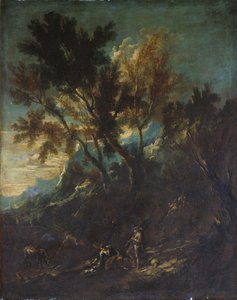 Et Bjerglandskab med Pastorale Figurer af Alessandro Magnasco