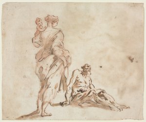 En stående kvinde holder et barn, en siddende mand ved fødderne, første halvdel af 1700-tallet. af Alessandro Magnasco