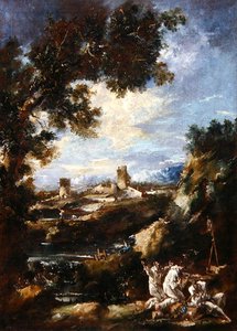 Landskab med karmelitbrødre, der beder ved en helligdom ved vejen, ca. 1720 (olie på lærred) af Alessandro Magnasco
