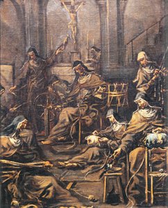 Nonner, der spinder og broderer, af Alessandro Magnasco, kendt som Lissandrino (1667-1749) af Alessandro Magnasco