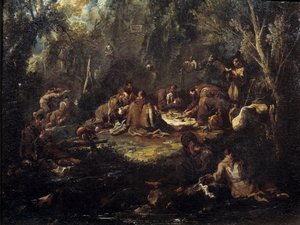 Scene of monastic life Monks breakfast, praying and reading in an undergrowth. Painting by Alessandro Magnascodani af Alessandro Magnasco