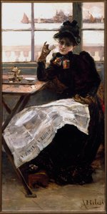 En kvinde i sort, læser avisen og nipper til en kop kaffe i en bistro. Maleri af Alessandro Milesi (1856-1945) Genes Galleria af Arte Moderna