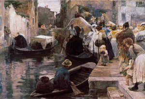 ""Bryllup i Venedig"" De nygifte kører på en gondol. Maleri af Alessandro Milesi (1856-1945) 1897 Rom. Galleria Nazionale d