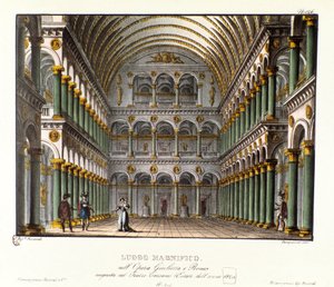 Et storslået sted: storslået paladssal hvælvet Scenografi til opførelsen på Teatro Carcano i 1829 af operaen "Giulietta e Romeo" (Juliet og Romeo) (1796) af Niccolo Antonio Zingarelli efter William Shakespeares stykke "Romeo og Julie". Lith