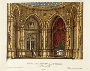 Soveværelset til Elmire (eller Elmiro) Scenografi til operaen "" Otello"" af Gioacchino Rossini (eller Gioachino) (1816) efter William Shakespeares stykke "Othello or the Moor of Venice") 1830 (litografi) af Alessandro Sanquirico