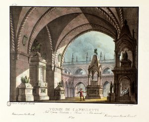 Capulet-familiens grav (Capuleti) Scenografi til opførelsen på Teatro Carcano i 1829 af operaen "Giulietta e Romeo" (Juliet og Romeo) (1796) af Niccolo Antonio Zingarelli efter William Shakespeares stykke "Romeo og Julie". Lithograp