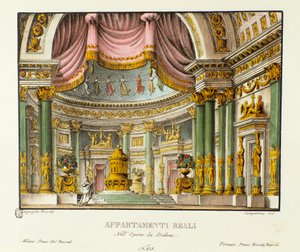 Udsigt over Dronningen af Karthago Didons kongelige palads Scenografi til gengivelse af den lyriske tragedie "" Didone" (Didon) (1783) af komponisten Niccolo Vito Piccinni (eller Piccini) efter operaen Metastasio (Metastase). Litografi i "" Racco af Alessandro Sanquirico