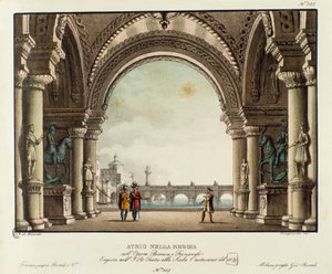 Udsigt over kongeslottets sal Scenografi til repræsentationen i 1829 af operaen "Bianca e Fernando" af Vincenzo Bellini (1826). Litografi i "" Samling af naturskønne opfindelser fra 1830 af Alessandro Sanquirico (1777-1849) ". Privat Milanese af Alessandro Sanquirico