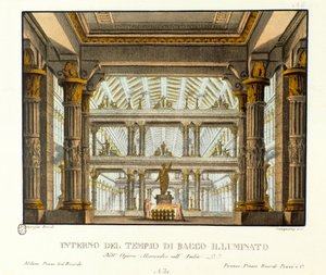 Udsigt over det indre af Bacchus-templet oplyser Scenografi til gengivelse af operaen "Alessandro nell