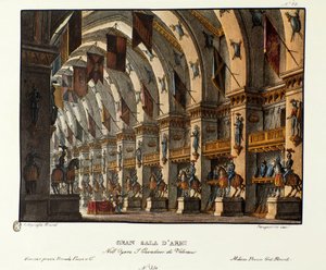 Udsigt over det store våbenrum Scenografi til fremstilling af operaen "I cavalieri di Valenza" af Giovanni Pacini og Gaetano Rossi (1828). Litografi i "" Samling af naturskønne opfindelser fra 1830 af Alessandro Sanquirico (1777-1849) ". Milanese s af Alessandro Sanquirico