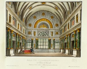 Udsigt over paladset for kongen af ​​Syracuse Argirio Scenografi til opførelsen i Milano i 1829 af operaen "Tancredi" (eller Tancrede) af Gioacchino Rossini (eller Gioachino) (1813) efter Voltaires stykke "Tancrede". Litografi i "" Samling af opfindelser af Alessandro Sanquirico