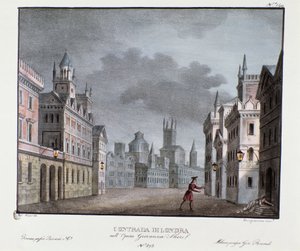 Udsigt over Londons forstæder Scenografi til fremstilling af operaen "Giovanna Shore" (Jeanne Shore) af Carlo Ponti (1829). Litografi i "" Samling af naturskønne opfindelser fra 1830 af Alessandro Sanquirico (1777-1849) ". Milanesisk privat samling af Alessandro Sanquirico
