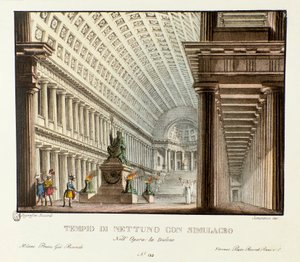 Udsigt over Neptuntemplet Scenografi til gengivelse af den lyriske tragedie "" Didone "" (Didon) (1783) af komponisten Niccolo Vito Piccinni (eller Piccini) efter operaen Metastasio (Metastase). Litografi i "" Samling af naturskønne opfindelser d af Alessandro Sanquirico
