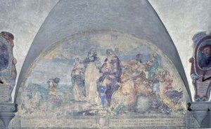 Sankt Antoninus prædiker for en købmand, som han reddede fra en frygtelig storm, lunette (fresko) af Alessandro Tiarini