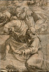 Fragment af en Himmelfartsscene (): Apostle med den hellige Frans af Assisi i forgrunden af Alessandro Turchi