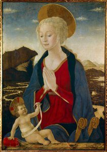 Jomfruen har barnet. Begge bærer gyldne aureoler. Maleri på træ af Alessio Baldovinetti (1425-1499) 1400-tallet søn. 1,06x0,75 m