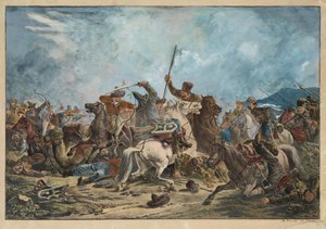 Kirgisere (kirghizere) og kosakker - Kamp mellem kirgiserne og kosakker - Orlowski (Orlovsky), Alexander Osipovich (1777-1832) - 1826 - Litografi, akvarel - 54x77 - Privat samling