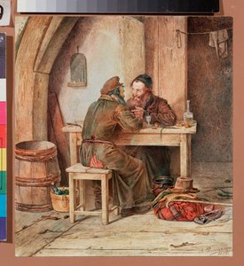 Dans une taverne - In a tavern - Værk af Alexander Antonovich Rizzoni (1836-1902), akvarel på papir af Alexander Antonovich Rizzoni