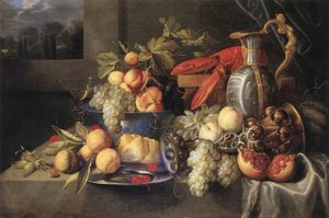 Frugtstilleben med hummer og brød, forgyldt akelejebæger, hollandsk fajancekande, tintallerken og venetiansk vingeglas.