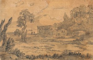 Bygninger ved en flod med bakker i baggrunden af Alexander Cozens