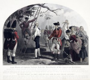 Last Words of Captain Nathan Hale, pub. 1858 (håndfarvet gravering)