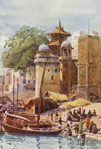 The Bathing Ghats, Benares (farve litho) af Alexander Henry Hallam Murray