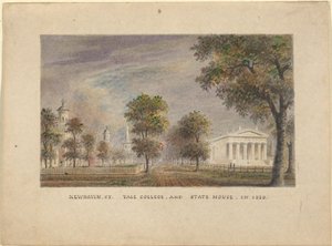 New Haven CT. Yale College og State House i 1830 af Alexander Jackson Davis
