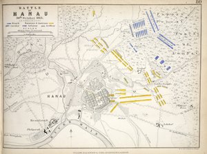Kort over slaget ved Hanau, udgivet af William Blackwood and Sons, Edinburgh og London, 1848 (håndfarvet gravering)