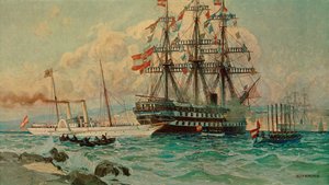 Den østrigske yacht Fantasie og linjeskibet Kaiser ... (maleri på lærred) af Alexander Kirchner