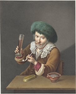 Siddende mand med glas og pibe