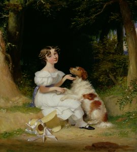 En ung pige med sin spaniel af Alexander Mosses