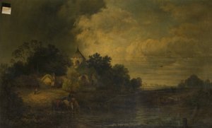 Romantisk landskab med heste, der drikker, slutningen af det 19. århundrede