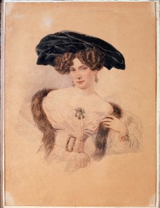 Portræt af kunstneren Yevdokiya Bakunina (1793-1882) i sort baret (Portræt af kunstneren Yevdokiya Bakunina i sort baret). Kunstværk af Alexander Pavlovich Briullov (Alexander Briullov) (1798-1877). Akvarel på papir