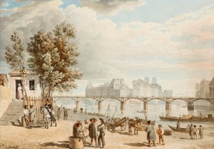 Vue de Paris - Pont des Arts (Frankrig) (Udsigt over Paris) - Værk af Alexander Pavlovich Briullov (Alexandre Brioullov) (1798-1877), akvarel på papir (21x30 cm), russisk kunst 1800-tallet, romantik - Privat samling