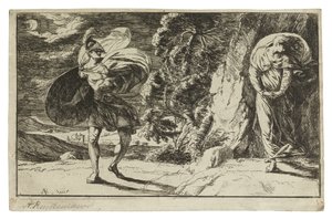 Fingal Encounters Carbon Carglass, ca. 1774 (ætsning på cremevævet papir)