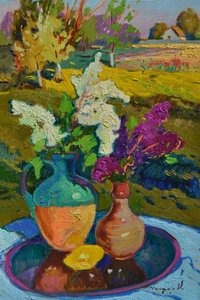 Livligt lilla stilleben i landskabsstil af Alexander Shandor
