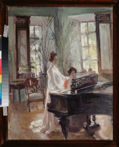 Dans le salon de reception (In a Reception Room) - To kvinder laver musik, synger og spiller klaver - Værk af Alexander Valentinovich Sredin (Sredine) (1872-1934), olie på pap - Russisk kunst slutningen af ​​det 19.-begyndelsen af ​​det 20. århundrede, mod