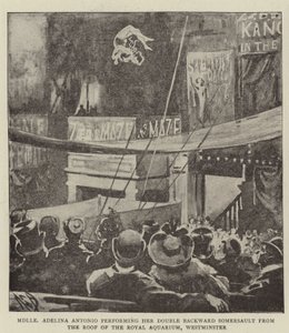 Mademoiselle Adelina Antonio udfører sin dobbelte baglæns saltomortale fra taget på Royal Aquarium, Westminster af Alexander Stuart Boyd