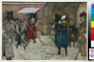 Folk fejer sne i en gade om vinteren - Kunstværk af Alexander Ivanovich Vakhrameyev (1874-1926), ca. 1921 - Snerydning - Akvarel, hvid farve, sort kridt på papir af Alexander Ivanovich Vakhrameyev (1874-1926), ca 1921 - 294x. ,5 cm - St af Alexander Vakhrameyev