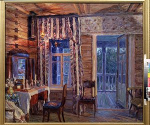 Interiør med ikonlampe. Maleri af Alexander Viktorovich Moravov (Alexander Victor) (1878-1951), olie på lærred