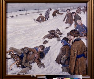 Vintersport (Vintersport). Slædescene, i en snedækket mark, varmt klædte børn, der hygger sig og griner højt. Maleri af Alexander Viktorovich (Alexander Victor) Moravov (1878-1951), olie på lærred