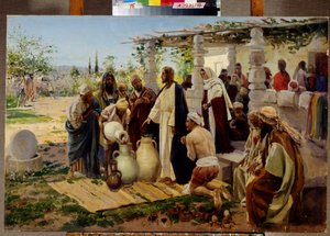Miraklet ved forvandlingen af ​​vand til vin i Kana (Israel). (Jesus beordrer tjenerne til at fylde krukker med vand fra brønden og udfører et første mirakel ved bryllupper, hvor vinen manglede). Maleri af Vladimir Yegorovich Makovsky (Makovsky, Makov