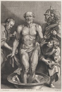 Senecas død, stående i midten med fødderne i et bassin med vand, støtte..., ca. 1655-78. af Alexander Voet